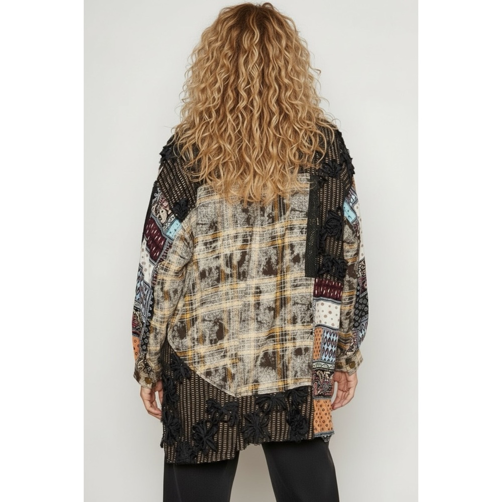 POL Black Patchwork Button Down Shirt | 3D Floral Lace Long Sleeve High Low - Picture 4 of 6